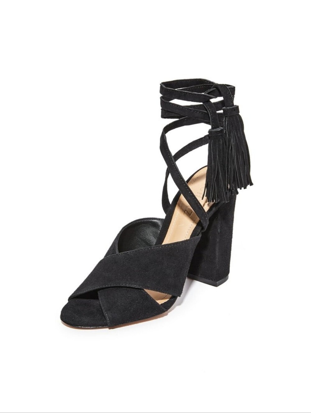 SCHUTZ Damila Black Suede Lace-Up Tassel Heels Size 9 Boho Glam Strappy Block